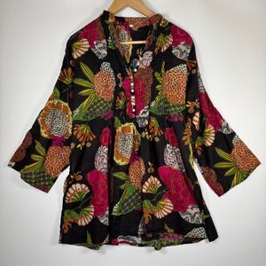 Boho Floral Tunic Blouse Womens Small Black Multicolor Peasant Top Lightweight